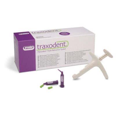 Traxdent productos odontológicos personalizados para retracción de encías, sistema de pasta de retracción Hemodent en caja.