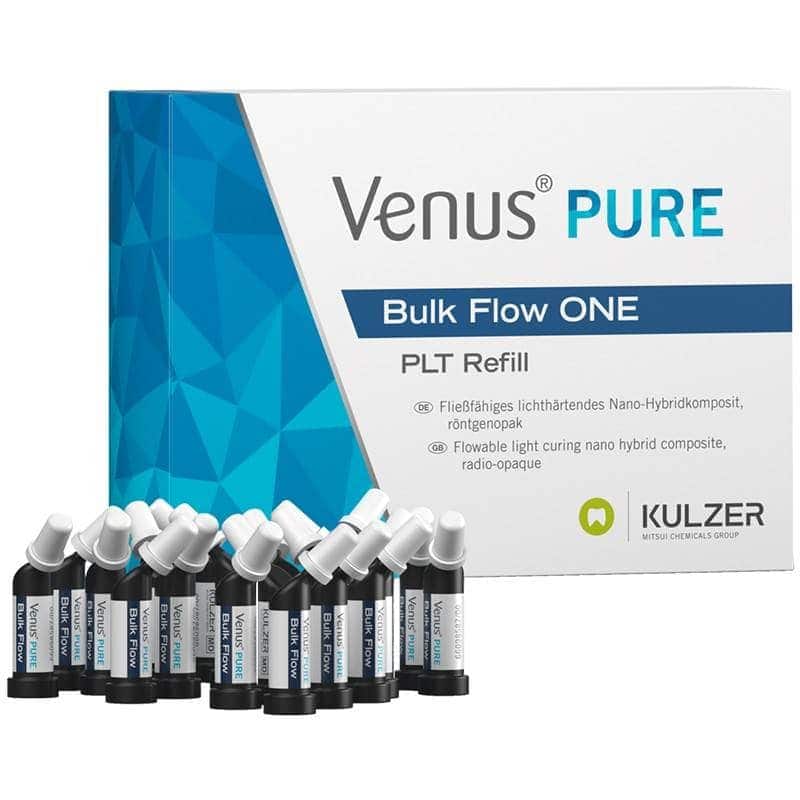 Venus PURE Bulk Flow ONE PLT Refill, material odontológico personalizado y nanohíbrido para restauraciones, de uso en odontología estética y restauradora, fabricado por KULZER, adecuado para profesionales.