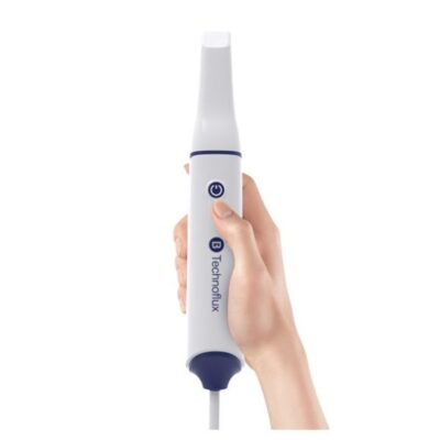 Diseño ergonómico de cureta periodontal personalizada para odontología, de color blanco y azul, con control de encendido y ajuste de las funciones.