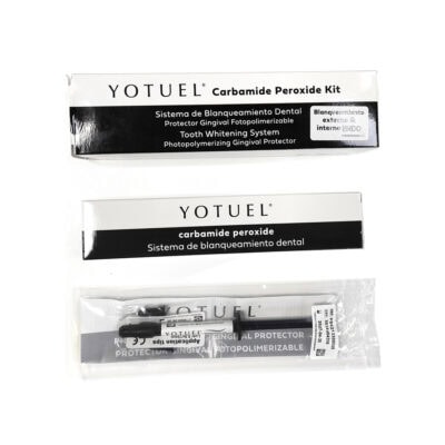 YOTUEL kit de blanqueamiento dental con carbamida peroxide y protector gengival fotopolimerizable, ideal para tratamientos personalizados de blanqueamiento dental.
