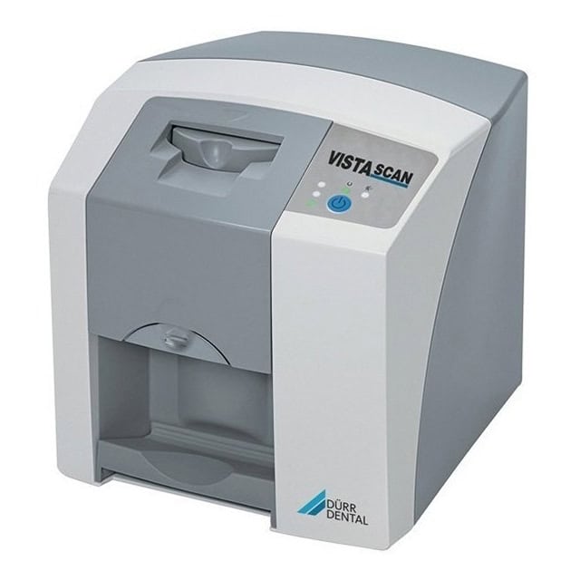 Vista de un escáner dental VISTA SCAN de EXAmedic, utilizado para creación de modelos digitales personalizados en odontología, con diseño compacto y tecnología avanzada.