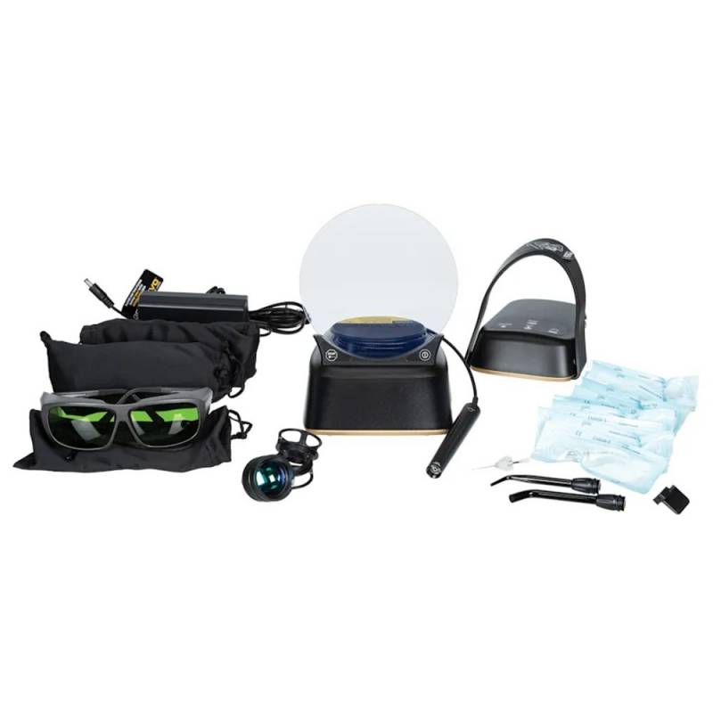 Imágenes de productos odontológicos personalizados de EXAmedic incluyendo gafas de protección, monitores, mascarillas, y herramientas para procedimientos dentales. Equipo profesional para clínicas odontológicas.