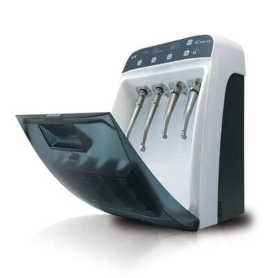 Máscara con 4 instrumentos odontológicos y pantalla táctil para la personalización de productos dentales. Equipamiento avanzado para clínicas dentales y laboratorios odontológicos.