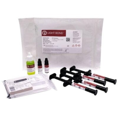 Kit de productos odontológicos Light Bond para restauraciones y adhesivos dentales, incluyendo cements, disolventes y accesorios personalizados para la odontología.