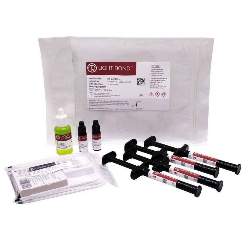 Kit de productos odontológicos Light Bond para restauraciones y adhesivos dentales, incluyendo cements, disolventes y accesorios personalizados para la odontología.