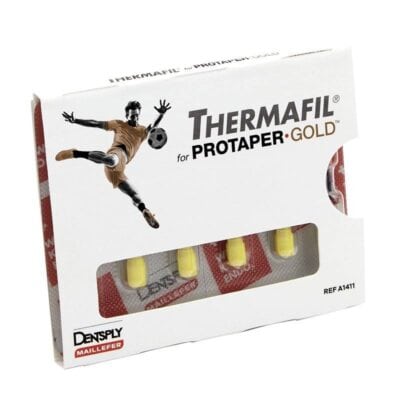 Alt: Pastillas de tratamiento odontológico personalizado Thermafil para prótesis dentales, en caja con diseño deportivo y referencia A1411.