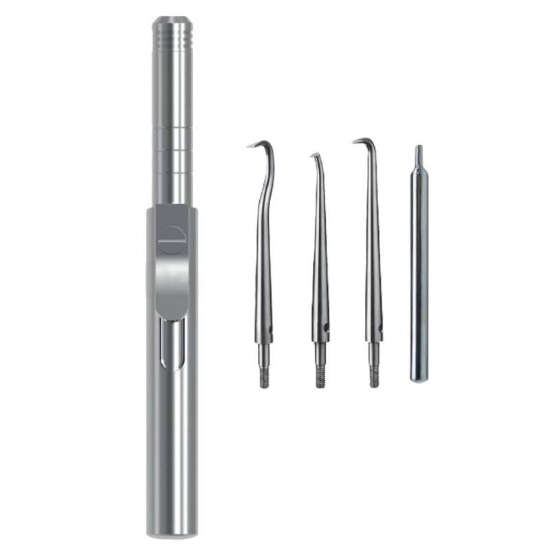 Cureta dental de titanio para odontología, incluida en kit de instrumentos personalizados. Ideal para procedimientos de limpieza y restauraciones bucales en odontología profesional.