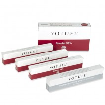 YOTUEL productos odontológicos personalizados en envases blancos y rojos, utilizados en tratamientos dentales profesionales.