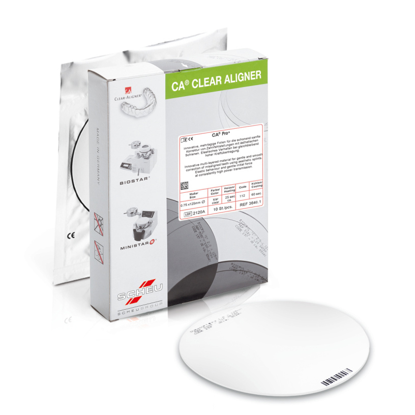 Plancha Alineadora CA Pro+ Hard Clear Tres Capas 0,75x125mm rd con Hoja Aislante Isofolan 10 uds Scheu Dental