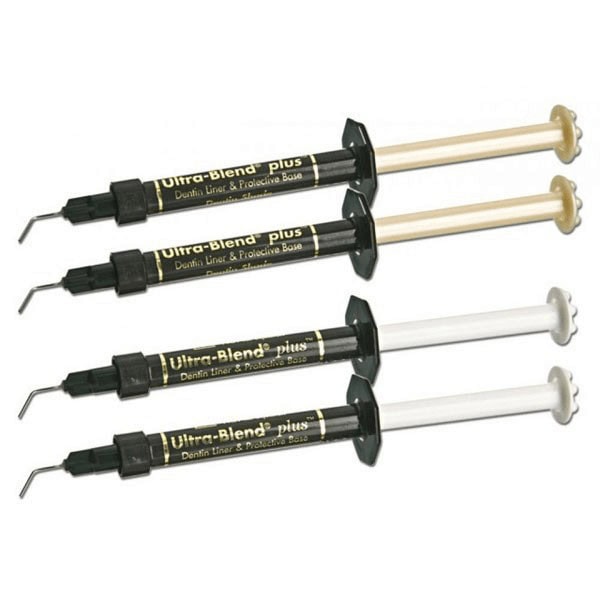 Predesigned dental composite syringes for dental restorations, Ultra-Blend Plus, two black and two white syringes, close-up, high-quality dental tools, adhesive restorative materials, dental clinic supplies.