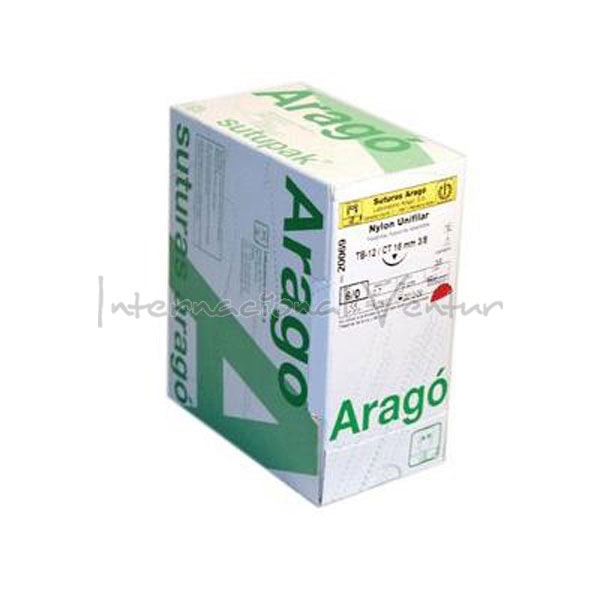 Sutura de Nylon No Absorbible Monofilamento TB-12 Aguja 3/8 Círculo Triangular 16mm USP 5/0 Hebra 45cm Azul 36uds Aragó