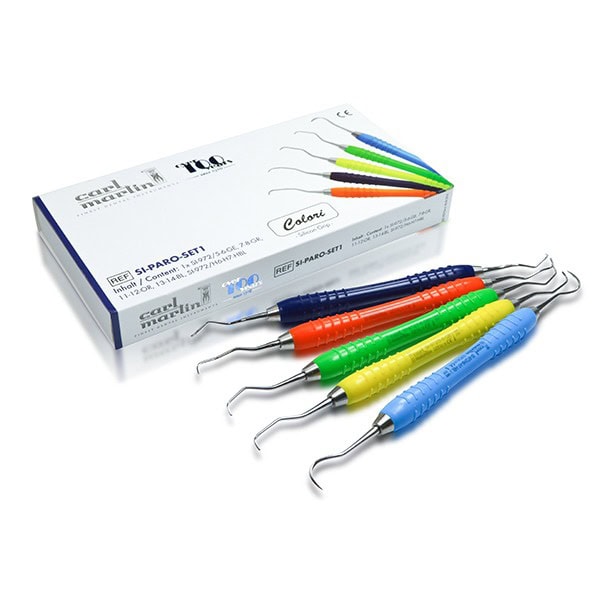 Paro Set 4 Curetas Gracey + Scaler, Periodoncia, Bandeja de Plástico Rosa o Azul Carl Martin