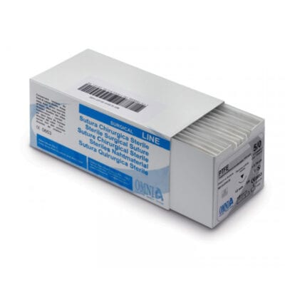 Sutura PTFE USP 3/0 Aguja 19mm 3/8 Círculo Punta Cortante, Hebra 75cm Estéril Caja 12 uds Omnia