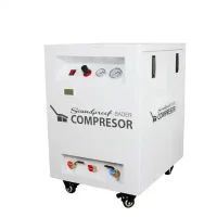 Compresor odontológico personalizado para clínicas dentales, equipado con manómetro, termómetro y conexiones de alta calidad, ideal para usar en tratamientos odontológicos y mantener un ambiente de trabajo higiénico y eficiente.