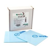 Fotos de productos odontológicos personalizados EXAmedic, específicamente bloques de resina dental trasparente DentaFlux Clear para restauraciones y prótesis.