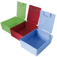 Contenedores de almacenamiento para productos odontológicos personalizados en varios colores, ideales para clínicas dentales y laboratorios.