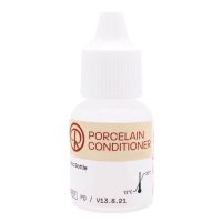 Etiqueta de frasco de porcelaine fixer para prótesis dentales, con instrucciones de uso en odontología y control de temperatura en la conservación de productos odontológicos.