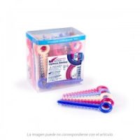 Personalizados productos odontológicos EXAmedic para higiene dental, con bandas, espirales y accesorios en colores rosa, azul y blanco. Perfectos para cuidado dental profesional y en casa.
