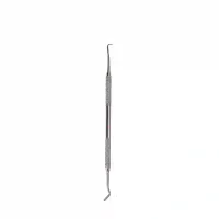 Instrumento odontológico de precisión para extracción y limpieza dental, diseñado para profesionales en odontología. Material de acero inoxidable y mango ergonómico.