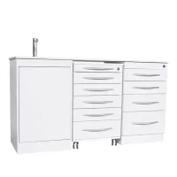 Cajonera odontológica blanca con ruedas y material resistente para clínicas dentales, ideal para almacenamiento y organización de instrumentos médicos.