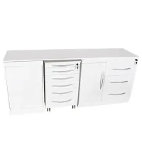 Mueble de almacenamiento odontológico blanco con múltiples cajones y puertas para productos odontológicos personalizados.