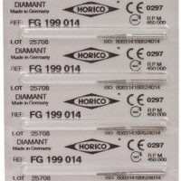 Etiquetas de productos odontológicos personalizados de HORICO, con códigos de barras, referencia FG 199 014 y detalles de fabricación alemana.