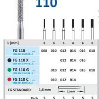 FG 110 cuchillas para odontología, alta precisión y calidad, ideales para procedimientos odontológicos personalizados y restauraciones estéticas, con diferentes tamaños y versiones.