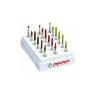 Brocas odontológicas personalizadas en soporte de plástico, variedad de colores y tamaños para tratamientos dentales precisos.