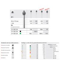 811, fresas odontológicas personalizadas de alta precisión para tratamientos dentales, con diferentes tamaños y especificaciones en colores codificados para odontología estética y restauradora.