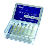Opti1Step Pulidor de acabado para prótesis odontológicas, en caja con varios instrumentos de pulido de precisión.