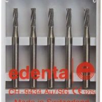 Fresas odontológicas de precisión en estuche con marca Edental, ideales para restauraciones y procedimientos dentales, fabricadas en Suiza para alta calidad y rendimiento.