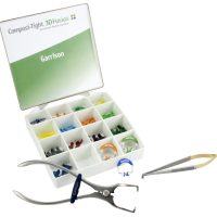 Herramientas odontológicas personalizadas para restauraciones y ortodoncia, con diferentes colores y tamaños, en caja organizadora con accesorios especializados.