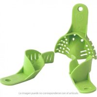 Cubeta de limpieza dental de plástico verde para instrumentos odontológicos, con compartimentos y disyuntor para higiene dental profesional.