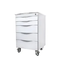 Archivador odontológico blanco con ruedas, ideal para clínicas dentales, con múltiples cajones de almacenamiento, diseño moderno y funcional para equipos odontológicos personalizados.