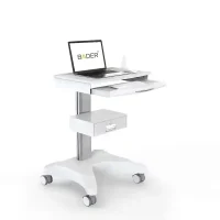 Carro auxiliar para odontología con bandeja ajustable y ruedas.