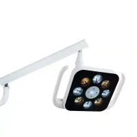 Lámpara LED para odontología con soporte ajustable y múltiples tipos de luz, ideal para procedimientos dentales precisos y personalizados.