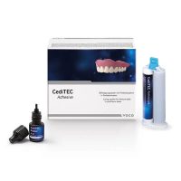 Kit de adhesivo CediTEC para prótesis dentales, incluye componentes para una fijación duradera y segura de dientes protésicos en bases de impressionabilidad, ideal para odontólogos.