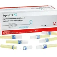 Agujas dentales estériles de silicona para odontología, marca Septoject XL, en caja con varias agujas y capsulas protectoras, ideales para procedimientos dentales precisos y seguros.