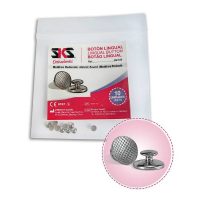 Botón lingual metálico redondo para prótesis dentales, fabricado en acero inoxidable, ideal para implantes y prótesis fijas, presentado en paquete con 10 unidades para profesionales odontológicos.