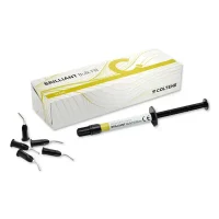 Brilliant Bulk Fill Flow, material odontológico para restauraciones dentales, en jeringa con accesorios de aplicación. Perfecto para odontólogos que buscan calidad y precisión en tratamientos restauradores.