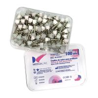 Cepillos de nylon para profilaxis dental, disponibles en caja de 100 unidades, ideales para limpieza bucal profesional y mantenimiento de la higiene dental.
