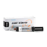 Alt text: Aplicador de resina dental CLEAFLiT DC CORE PLUS en empaque blanco y negro, indicado para odontología restauradora y caries.