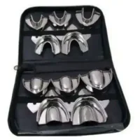 Dientes de muestra de acero inoxidable para moldes dentales con estuche de transporte.