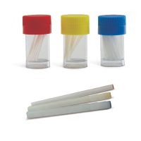 Algodón rotatorio en frascos con tapas de colores para uso odontológico, ideal para prótesis y restauraciones dentales.