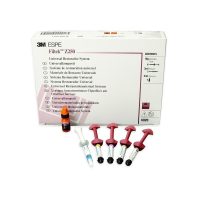 Resina para restauración dental universal en paquete con varias jeringas y componentes.