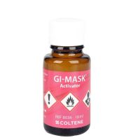 G-mask activador de productos odontológicos para impresión, envase de 18ml, etiquetado en rosa con símbolos de precaución en blanco y negro.