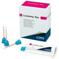 Luxatemp Star, material odontológico personalizado para restauraciones dentales, en caja y componentes para impresiones, fabricado por DMG para odontología estética y funcional.