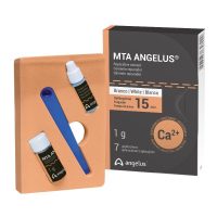 Polvo de cemento reparador para odontología MTA Angelus, con 7 aplicaciones, tiempo de fraguado de 15 minutos, ideal para cementación y reparaciones dentales.
