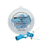 Jeringas odontológicas de precisión NaviTip de UltraDent para técnicas de envío, empacado en caja rotulada, con matriz y extremo de caucho para manejo seguro.