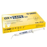 OXY SAFE gel odontológico para tratamiento de periodontitis y periimplantitis, envuelto en caja amarilla con instrucción ilustrada, ideal para profesionales dentales.
